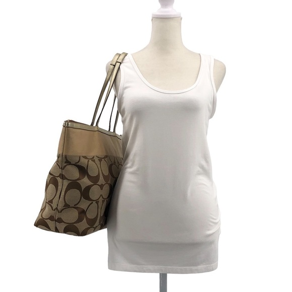 Coach Zippered East West Tote Bag Signature C Print Brown /Tan Gold Leather Trim - Picture 5 of 10